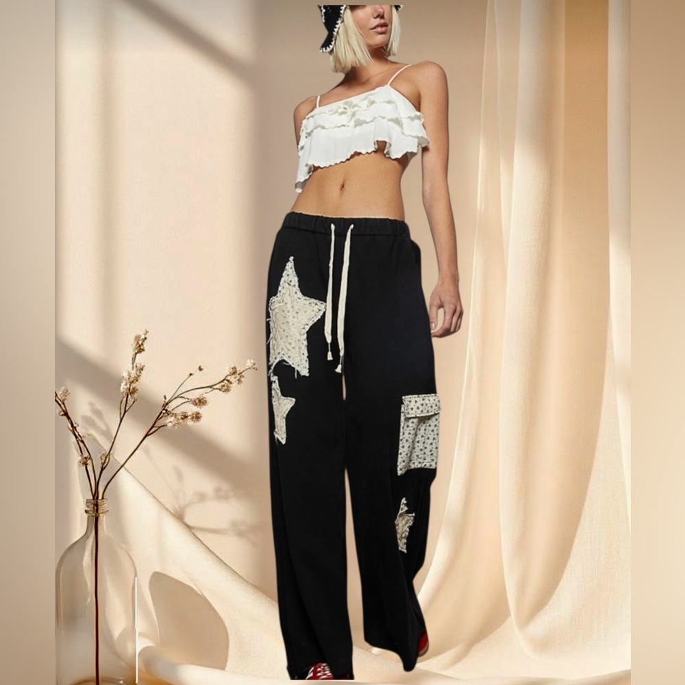 POL POL Black Star Patch Pants | Bohemian Vintage Washed French Terry - Picture 6 of 11